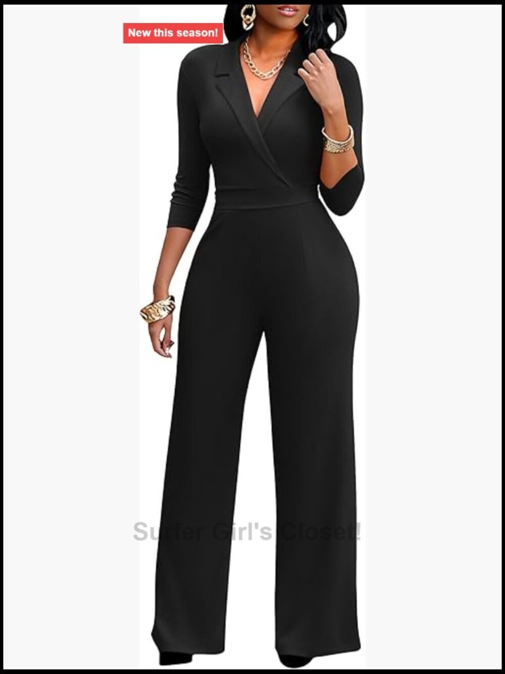 V-Neck Wide Leg Jumpsuit with Pockets 3/4 Sleeve Work Romper